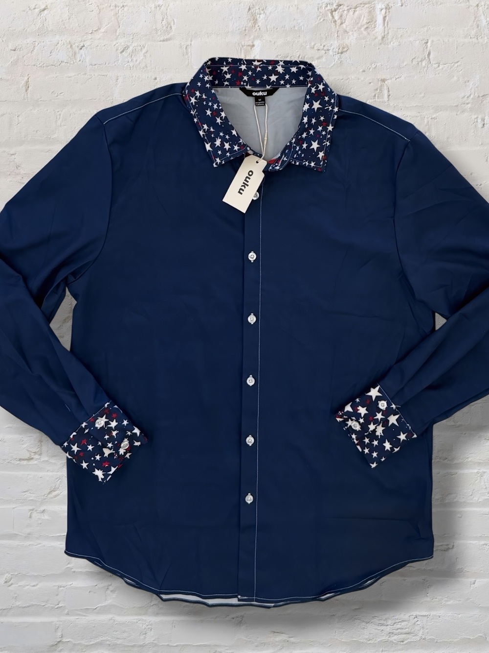 OUKU Men M NWT Navy Patriotic Star Contrast Collar Cuff Button Down Shirt